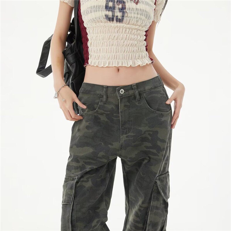 美式复古迷彩微喇叭工装牛仔裤女2025春夏宽松马蹄裤子K6127-P59,男装休闲裤,星座412-3