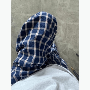 美式高街潮牌男女泡泡格子休闲裤直筒宽松慵懒显瘦阔腿休闲长裤子,v领格子裙搭配图片
