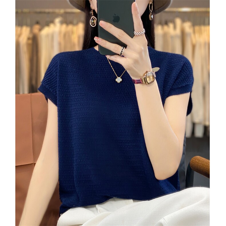 2023夏季新款薄款天丝女短袖t恤圆领冰丝针织衫法式半袖打底上衣,针织衫/毛衣,大美人高端店