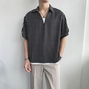 夏款拼接V领冰丝面料条纹套头衬衫 A328-2232-P50图片