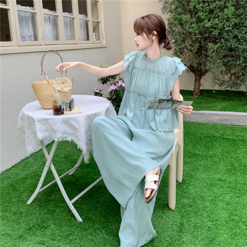 木耳边拼接小飞袖上衣阔腿裤两件套夏季2025新款高级小众淡人套装,女装套装/套裙,含赞