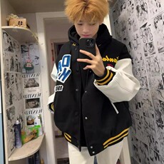 春季新款美式刺绣字母植绒棒球服外套潮牌休闲百搭立领夹克男女，男装夹克，星座218-8