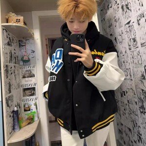 春季新款美式刺绣字母植绒棒球服外套潮牌休闲百搭立领夹克男女图片
