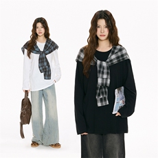 春季美式格子披肩+长袖T恤高街潮牌男女体恤5QZ1129-TP35不，男装T恤，电商A102