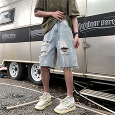 夏季破洞乞丐泼墨油画毛边五分过膝高街直筒牛仔裤男短裤沙滩裤，男装牛仔裤，星座301D-4(原星座1004-4）