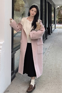 韩系甜美连帽双面羊毛大衣女2025秋冬季新款显瘦保暖长款呢子外套图片