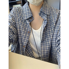 韩系蓝色格子长袖衬衫男款夏季松弛感慵懒风格纹衬衣美式潮牌外套，男装衬衫，星座1007（原301D）