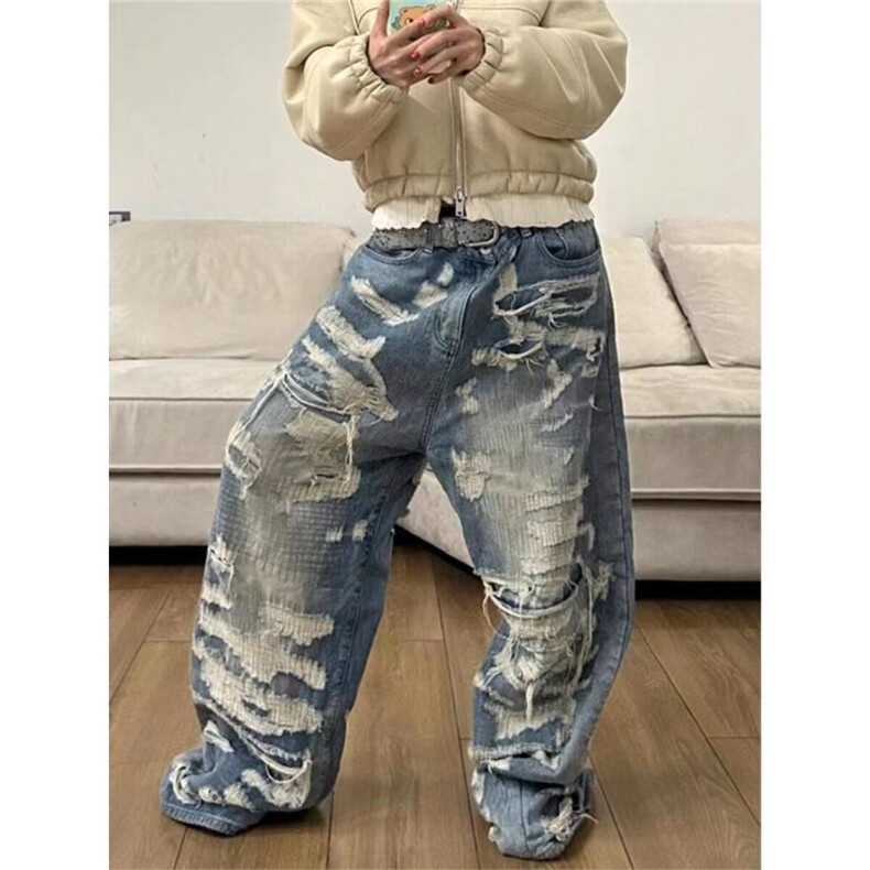 2025美式复古做旧拼接破洞牛仔裤男女高街宽松cleanfit休闲直筒裤,男装牛仔裤,星座506A