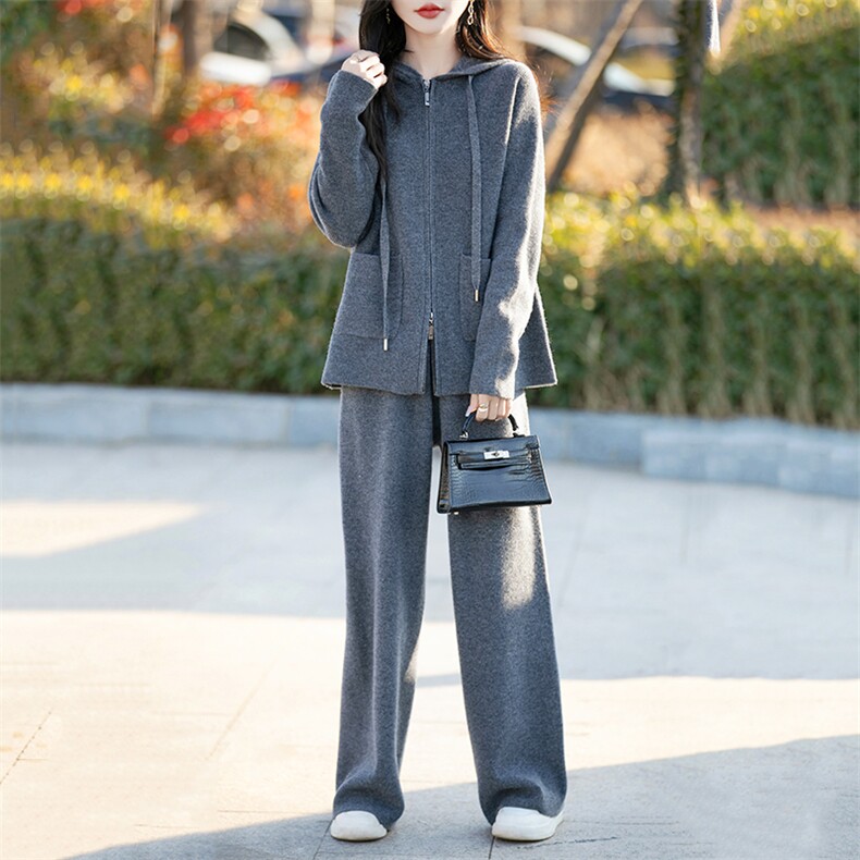 2025春季新款羊毛套装女连帽拉链开衫，女装套装/套裙，蒙特羊绒
