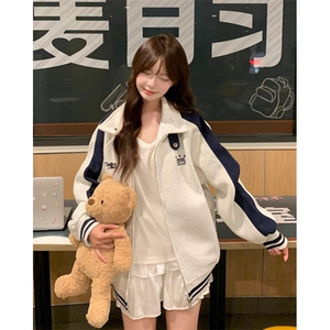 撞色拼接棒球服外套女秋季新款学院风宽松慵懒风开衫卫衣 WX806图片