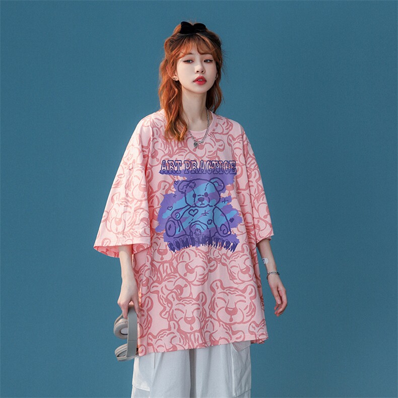 中性夏季新款设计感小熊印花图案情侣短袖T恤T951P45控58,女装T恤,A247A