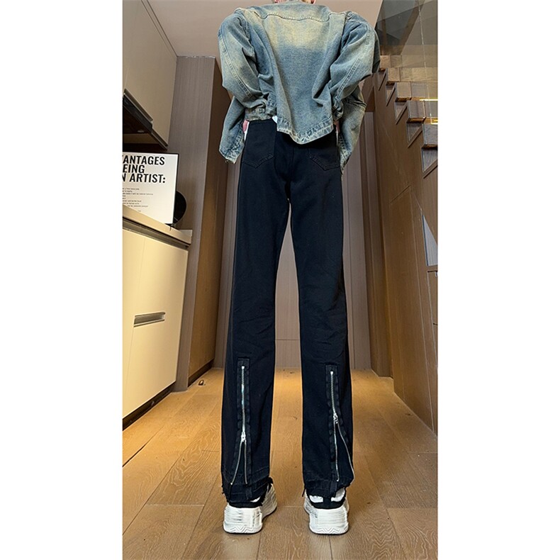 现货黑色拉链毛边美式修身直筒高街牛仔裤男K5813-P50控78，男装牛仔裤，星座205