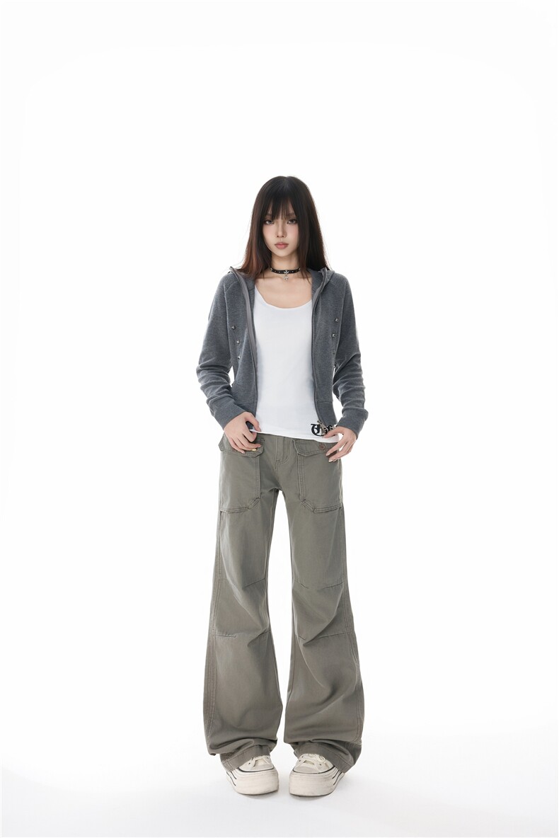 美式复古多口袋工装裤女2025夏季新款直筒微喇拖地裤YD9041-P75,男装工装外套,星座509