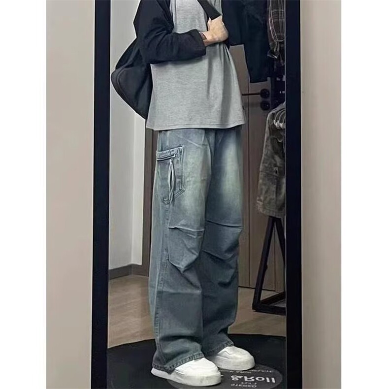 褶皱牛仔裤男美式高街复古做旧水洗休闲宽松垂感工装长裤NZ808,男装牛仔裤,星座208-5
