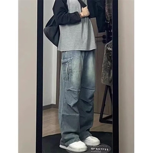 褶皱牛仔裤男美式高街复古做旧水洗休闲宽松垂感工装长裤NZ808图片
