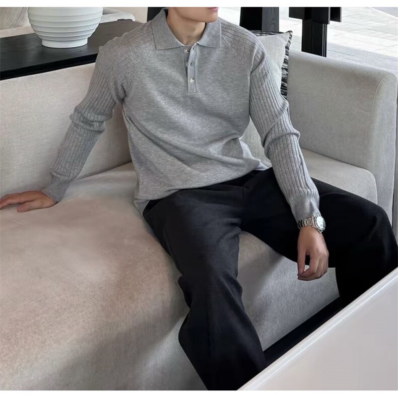 复古老钱风插肩袖竖条纹肌理感长袖针织POLO衫C67082/P65，男装Polo衫，电商A243