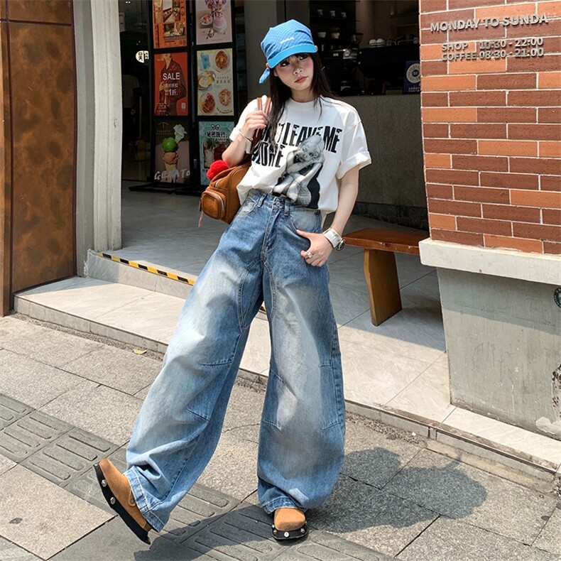 2025夏季新款美式复古水洗宽松直筒牛仔裤女百搭垂感阔腿裤子,男装牛仔裤,星座1210-1