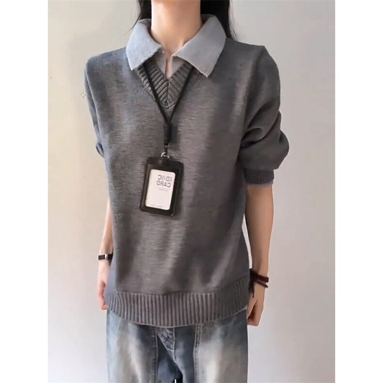 重磅北极绒假两件衬衫领毛衣美式高街复古休闲慵懒纯色翻领针织衫,男装针织衫/毛衣,电商A486-1