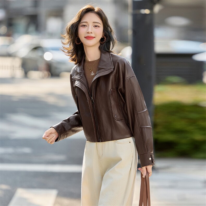 海宁2025新款气质时尚百搭拉链皮衣外套女高级感立领夹克,女装皮衣,美拉德工厂直营店
