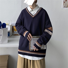 秋冬新款港风撞色V领毛衣男女同款情侣日系套头针织衫W08/P65，男装针织衫/毛衣，钱塘713
