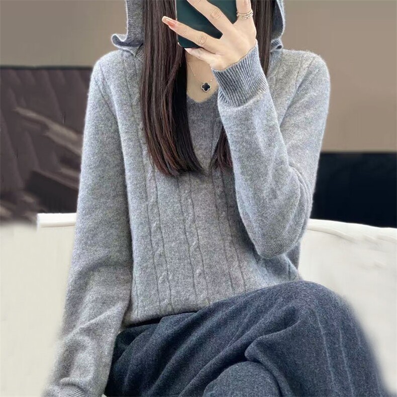 女士2025新款扭花帽衫,针织衫/毛衣,萱芳婷羊绒