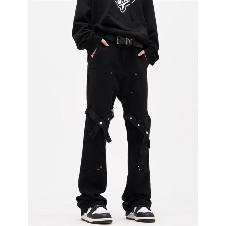 美式hiphop裤子高街vibe交叉绑带牛仔裤修身直筒微喇叭裤,男装牛仔裤,星座310A-4