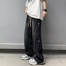 牛仔裤男春秋时尚宽松垂感阔腿直筒裤美式高街潮牌拼接高级工装裤，男装牛仔裤，星座516A