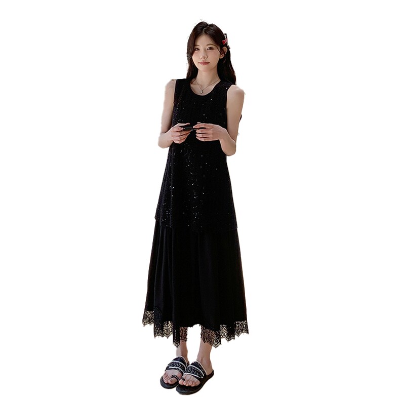 黑色轻熟风亮片拼接蕾丝连衣裙女2025夏季新款法式显瘦无袖背心裙,女装连衣裙,2C285