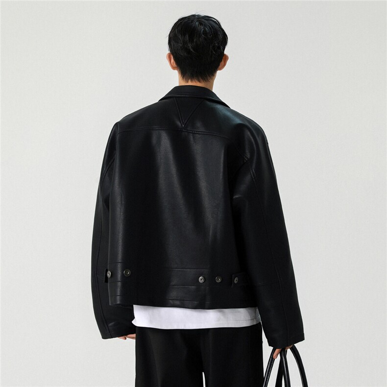 美式cleanfit短款皮衣外套男生潮牌高级感痞帅街头翻领机车服夹克,男装皮衣,电商A072