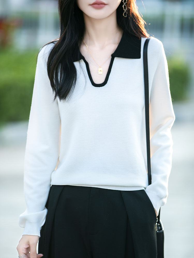 高级感拼色POLO领针织衫女长袖上衣早秋新款韩系时尚翻领撞色毛衣,针织衫/毛衣,萱芳婷羊绒