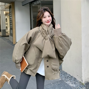冬日韩系宽松羽绒服配围巾女2025新款设计感小个子大口袋保暖外套图片