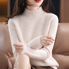 秋冬新款加厚半高领100%羊毛衫女套头毛衣宽松显瘦针织羊绒打底衫，女装羊毛衫，秋双羊绒