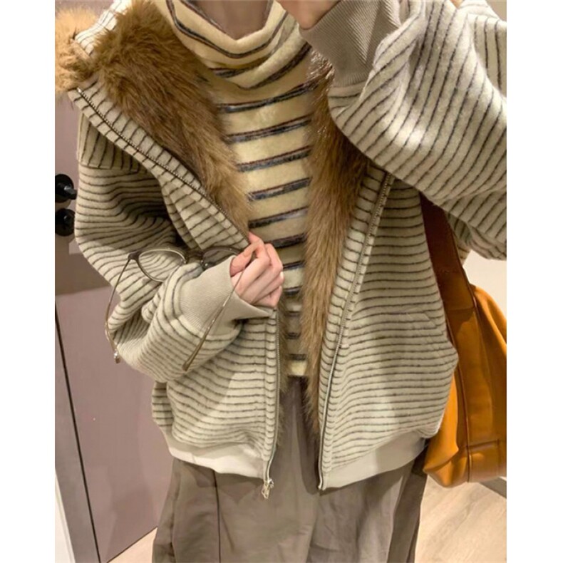 毛领条纹连帽卫衣外套女新款秋冬加绒小众情侣上衣WA279,女装短外套,星座1116A（原606A-3）