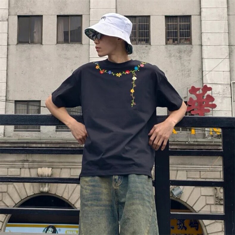 万针全刺绣工艺抖音得物高品质260克重磅纯棉双纱美式高街短袖T恤,男装T恤,电商A486-1