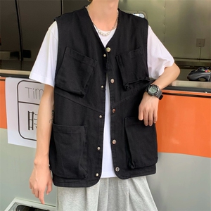 夏季多口袋工装无袖马甲男坎肩背心个性宽松薄款上衣MJ03-P40图片