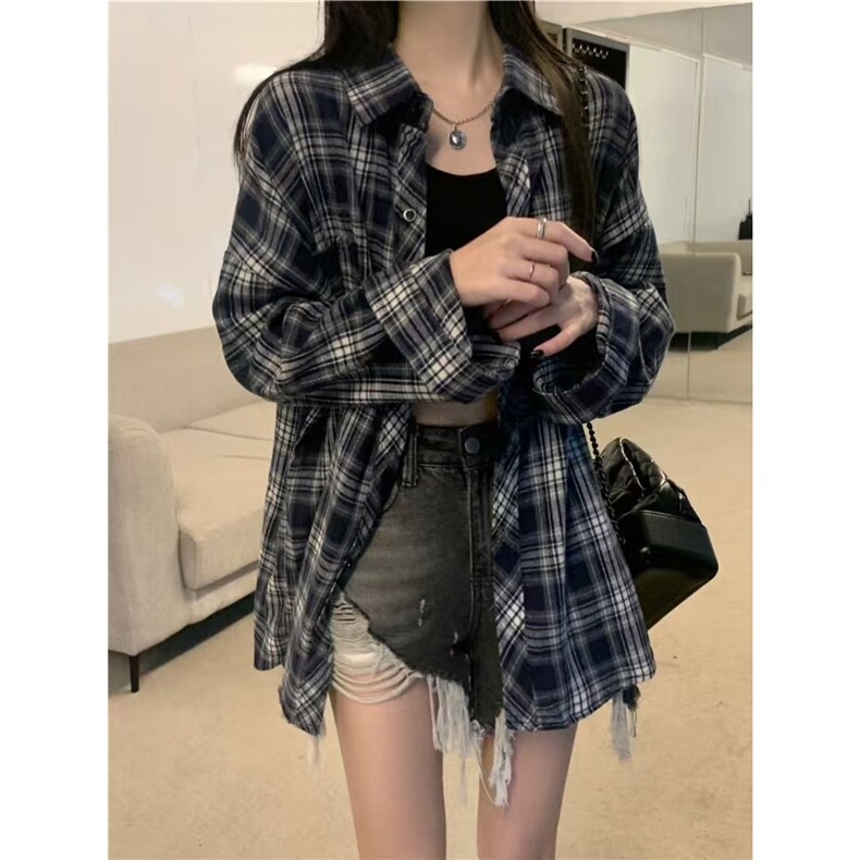 韩式复古长袖格子衬衫外套女春秋季设计感宽松小众百搭翻领衬衣潮,男装衬衫,星座506A