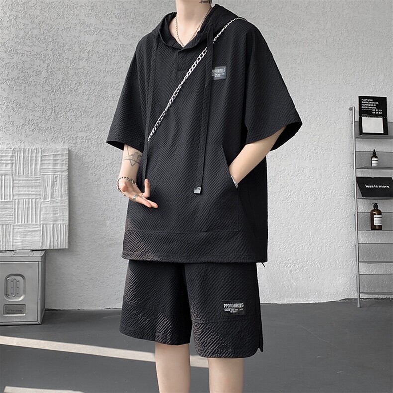 特批P50无差价夏季大口袋连帽泡泡纱潮流大码两件套套装男TZ5570图片