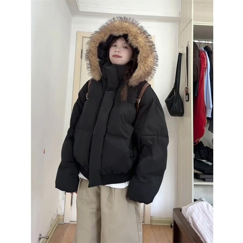 现货三防重磅硬挺boxy短款羽绒棉衣座山雕大毛毛领PU皮棉服外套冬,男装棉衣,电商A486-1