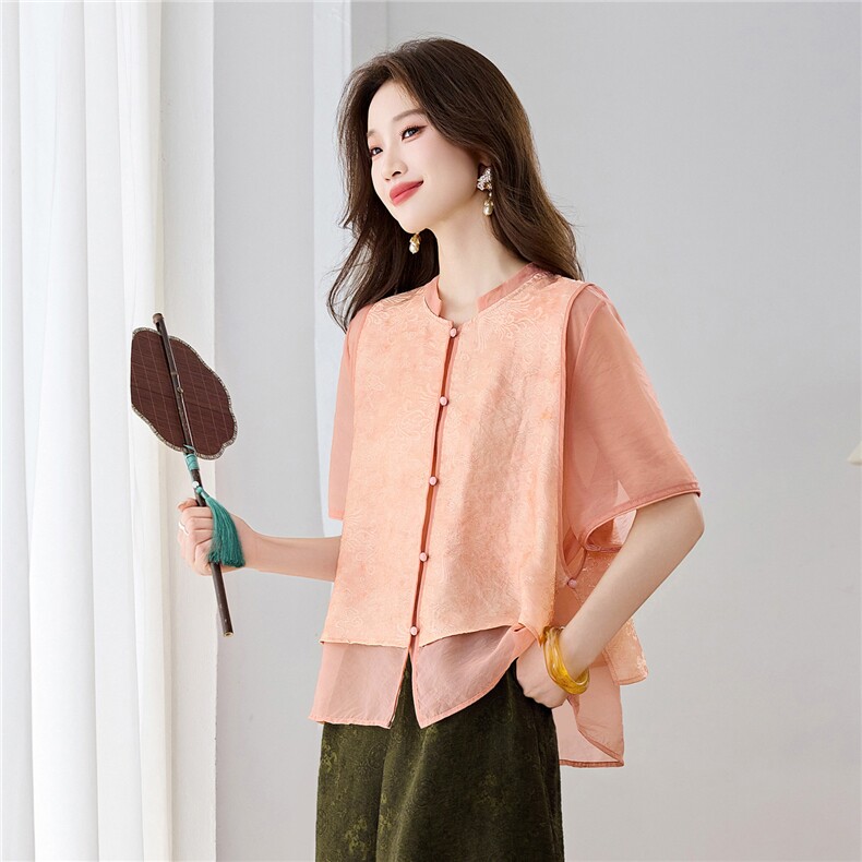 长期现货2026年夏季新款中式假两件复古短袖小衬衫马甲上衣T恤女,女装衬衫,璐依舞