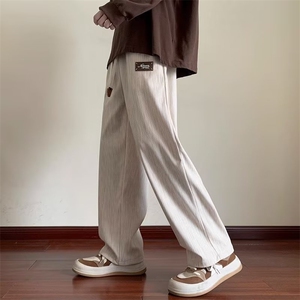 宽松潮牌潮流休闲裤男士秋季复古直筒裤男生新款阔腿亚麻长裤子图片