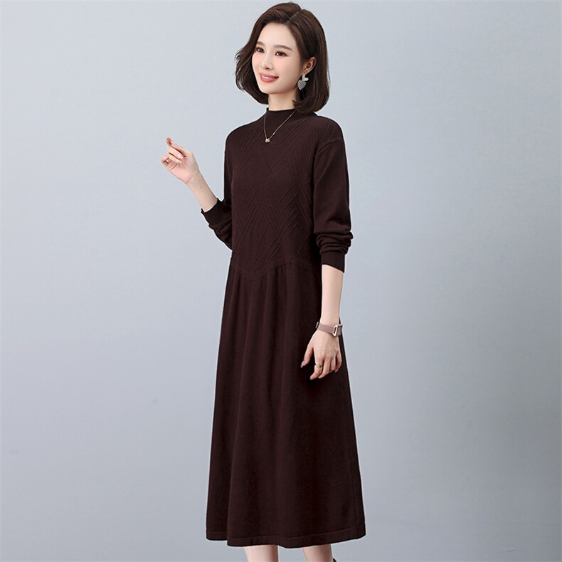 羊毛衫针织连衣裙女2022秋冬季长袖中长款复古大码打底毛衣a字裙,女装连衣裙,江忆布依