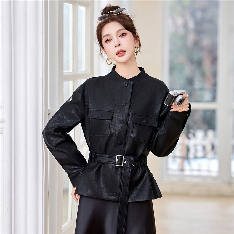 大量现货新款2026年春季时尚收腰显瘦高级感皮衣外套=+,女装皮衣,蓝诺裳