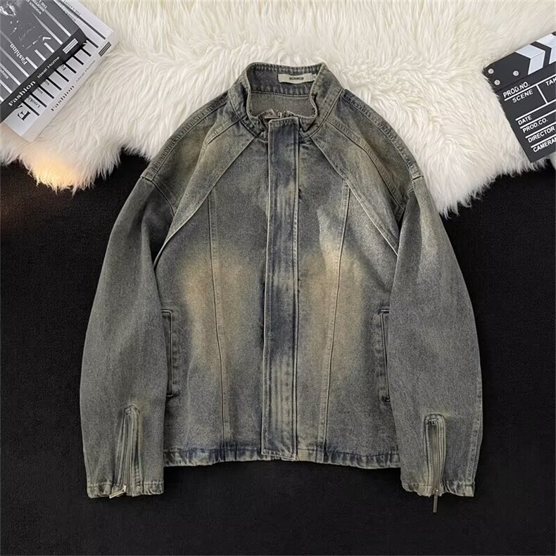 废土风解构水洗渐变黄泥染色重磅牛仔外套男款宽松潮牌立领夹克秋，男装工装外套，星座601-2