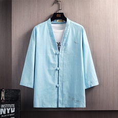 夏季亚麻开衫男装棉麻盘扣印花T恤男七分袖风A266-1-T158-P40，男装T恤，电商A266-1