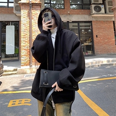 双拉链设计秋冬宽松连帽毛呢卫衣开衫男女外套B289-Z0365-P128，女装短外套，电商B289
