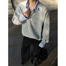 网图2026假两件衬衫领卫衣美式复古条纹长袖T恤A025-LW66624-P47，男装T恤，电商A025