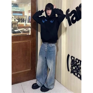 网络图现货 美式重磅华棉潮流设计蝴蝶印花男女连帽卫衣WY396-P48图片