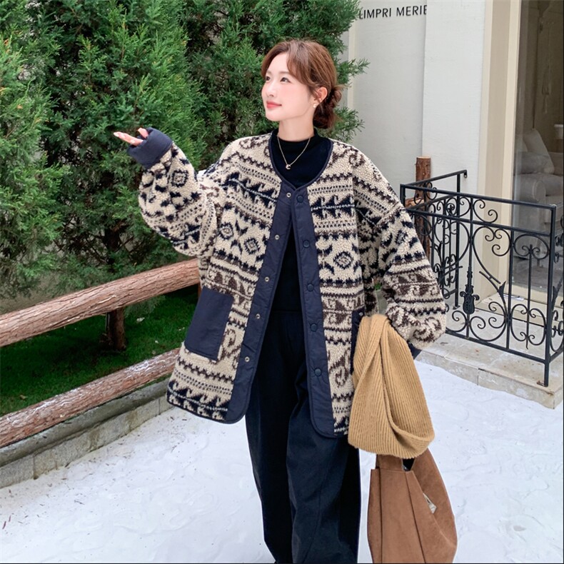 两面穿羊羔毛中长款外套女2025秋冬季新款宽松显瘦加厚慵懒风上衣,女装毛呢外套,2C095