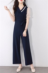 新款夏季淑女气质穿搭时尚洋气时髦显瘦阔腿连体连衣裤套装女纱网图片