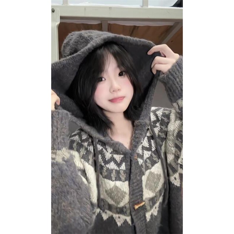 重磅秋冬北极绒开衫毛衣美式复古休闲慵懒风牛角扣针织衫连帽外套,男装针织衫/毛衣,电商A486-1